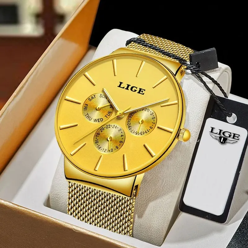 LIGE 9868 Minimalist Stainless Steel Men's Wrist Watches (Gold)